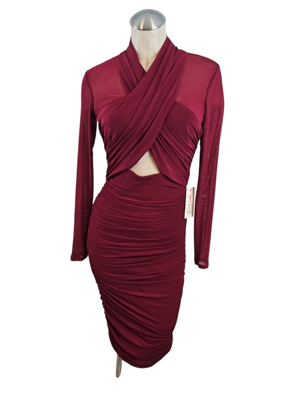 Bardot Burgundy Aliyah Ruched Mesh Crossover Long Sleeve Dress Size S